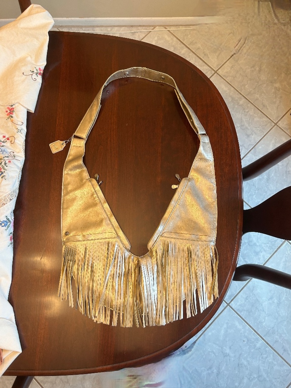 Sash Crossbody Bag Metallic Beige Non-Leather With Tassels Accent